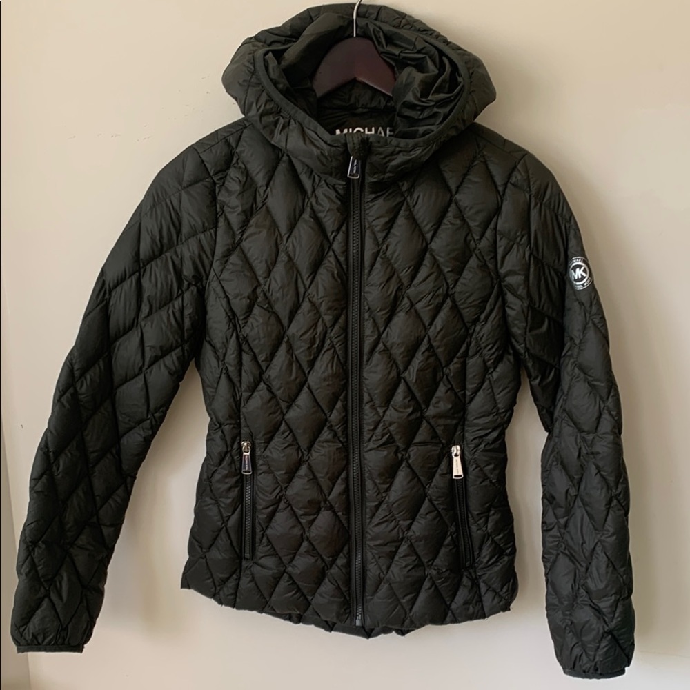 Michael Kors Dark Green Packable Down Fill  Quilted Hooded Jacket  SZ XS